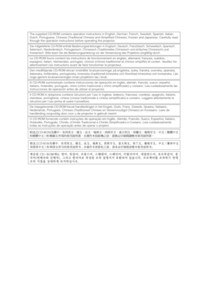 Page 4The supplied CD-ROM contains operation instructions in English, German, French, Swedish, Spanish, Italian,
Dutch, Portuguese, Chinese (Traditional Chinese and Simplified Chinese), Korean and Japanese. Carefully read
through the operation instructions before operating the projector.
Die mitgelieferte CD-ROM enthält Bedienungsanleitungen in Englisch, Deutsch, Französisch, Schwedisch, Spanisch,
Italienisch, Niederländisch, Portugiesisch, Chinesisch (Traditionelles Chinesisch und einfaches Chinesisch) und...