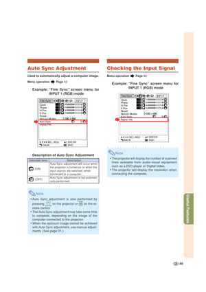 Page 53-49
Useful Features
Auto Sync Adjustment
Used to automatically adjust a computer image.
Menu operation  Page 42
Example: “Fine Sync” screen menu for
INPUT 1 (RGB) mode
Description of Auto Sync Adjustment
Note
•Auto Sync adjustment is also performed by
pressing 
 on the projector or  on the re-
mote control.
•The Auto Sync adjustment may take some time
to complete, depending on the image of the
computer connected to the projector.
•When the optimum image cannot be achieved
with Auto Sync adjustment, use...