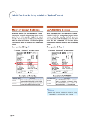 Page 64-60
Monitor Output Settings
When the Monitor Out has been set to “Enable”,
the monitor output is activated and power is con-
sumed even in the standby mode. It is recom-
mended that the Monitor Out be set to “Disable”
when it is not connected. This reduces power
consumption when the projector is in the standby
mode.
Menu operation  Page 42
Example: “Options2” screen menu
Description of Monitor Out
Description
The monitor output function is activated
even if the projector is in standby mode.
The monitor...