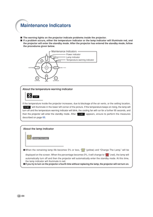 Page 68-64
Power indicator
Lamp indicator
Temperature warning indicator
Maintenance Indicators
Maintenance Indicators
■The warning lights on the projector indicate problems inside the projector.
■If a problem occurs, either the temperature indicator or the lamp indicator will illuminate red, and
the projector will enter the standby mode. After the projector has entered the standby mode, follow
the procedures given below.
About the temperature warning indicator
If the temperature inside the projector increases,...