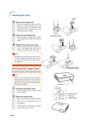 Page 72-68
4Remove the lamp unit.
•Loosen the securing screws from the
lamp unit. Hold the lamp unit by the
handle and pull it in the direction of the
arrow. At this time, keep the lamp unit
horizontal and do not tilt it.
5Insert the new lamp unit.
•Press the lamp unit firmly into the lamp
unit compartment. Fasten the securing
screws.
6Replace the lamp unit cover.
•Align the lamp unit cover and slide it to
close. Then tighten the user service
screw to secure the lamp unit cover.
Info
•If the lamp unit and lamp...