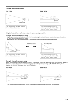 Page 12E-12
Example of a standard setup
TOP VIEW
If the projector and screen are not
centered properly, the picture will be
distorted, making viewing difficult.
tt
90û
90û
Lens center
Lens center
90û
SIDE VIEW
The projector lens should be centered
in the middle of the screen.If the projector and screen are not
centered properly, the picture will be
distorted, making viewing difficult.Lens center
Using the horizontal reverse function makes the following setups possible.
Example of a reversed image setup
¥ By...