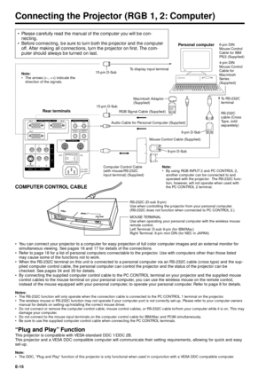 Page 15E-15
Connecting the Projector (RGB 1, 2: Computer)
COMPUTER AUDIO
PC CONTROL COMPUTER RGB
VIDEO
S-VIDEO12
LOFF ON
R LRAUDIOIN
2 IN
1AUDIO
OUTPUT
IN 1
OUTIN 2
WIRED
REMOTE IN 1 IN 2
110-120V/
200-240V~
15-pin D-Sub
RGB Signal Cable (Supplied)
Audio Cable for Personal Computer (Supplied)
Rear terminals
¥ Please carefully read the manual of the computer you will be con-
necting.
¥ Before connecting, be sure to turn both the projector and the computer
off. After making all connections, turn the projector on...