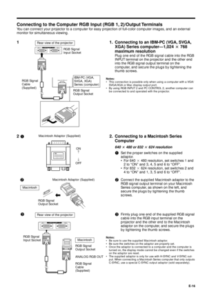 Page 16E-16
Connecting to the Computer RGB Input (RGB 1, 2)/Output Terminals
You can connect your projector to a computer for easy projection of full-color computer images, and an external
monitor for simultaneous viewing.
2 !
1. Connecting to an IBM-PC (VGA, SVGA,
XGA) Series computerÑ1,024 @ 768
maximum resolution
Plug one end of the RGB signal cable into the RGB
INPUT terminal on the projector and the other end
into the RGB signal output terminal on the
computer, and secure the plugs by tightening the
thumb...