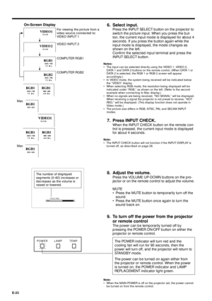 Page 23E-23
POWER LAMP TEMP.
6. Select input.
Press the INPUT SELECT button on the projector to
switch the picture input. When you press the but-
ton, the current input mode is displayed for about 4
seconds. If you press the button again while the
input mode is displayed, the mode changes as
shown on the left.
Confirm the selected input terminal and press the
INPUT SELECT button.
Notes:
¥ The input can be selected directly using the VIDEO 1, VIDEO 2,
DATA 1 and DATA 2 buttons on the remote control. (When DATA 1...