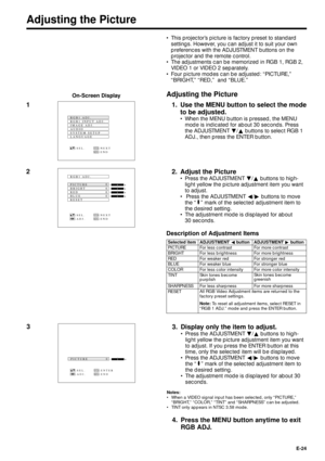 Page 24E-24
Adjusting the Picture
¥ This projectorÕs picture is factory preset to standard
settings. However, you can adjust it to suit your own
preferences with the ADJUSTMENT buttons on the
projector and the remote control.
¥ The adjustments can be memorized in RGB 1, RGB 2,
VIDEO 1 or VIDEO 2 separately.
¥ Four picture modes can be adjusted: ÒPICTURE,Ó
ÒBRIGHT,Ó ÒRED,Ó  and ÒBLUE.Ó
Adjusting the Picture
1. Use the MENU button to select the mode
to be adjusted.
¥ When the MENU button is pressed, the MENU
mode...