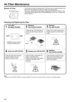 Page 29E-29
Air Filter Maintenance
Bottom Air Filter¥ The air filter should be cleaned every 100 hours of use. Clean the filter more
often when the projector is used in a dusty or smoky location.
¥ Have your nearest Authorized Sharp Industrial LCD Products Dealer or Ser-
vice Center exchange the filter  (PFILD0069CEZZ) when it is no longer pos-
sible to clean it.
Cleaning and Replacing the Filter
46
Insert the tab on the end of the
filter cover into the filter cover
opening and press the filter
cover into...