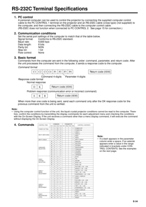 Page 34E-34
RS-232C Terminal  Specifications
1. PC control
A personal computer can be used to control the projector by connecting the supplied computer control
cable to the PC CONTROL 1 terminal on the projector and an RS-232C cable (cross type) (not supplied) to
the computer, and then connecting the RS-232C cable to the computer control cable.
(RS-232C does not function when connected to PC CONTROL 2.  See page 15 for connection.)
2. Communication conditions
Set the serial port settings of the computer to...