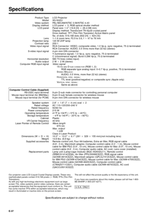 Page 37E-37
Specifications
Product Type
Model
Video system
Display method
LCD panel
Lens
Projection lamp
Contrast ratio
Video input signal
S-video input signal
Horizontal resolution
Audio output
Computer RGB input signal
Computer Control Cable (Supplied)
RS-232C input terminal
Mouse input terminal (for IBM/Mac)
Mouse input terminal (for PC98)
Speaker system
Rated voltage
Rated frequency
Power consumption
Operating temperature
Storage temperature
Cabinet
I/R Carrier frequency
Laser Pointer of Remote Control...