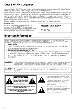 Page 1E-1
Dear SHARP Customer
Welcome to the SHARP Family. We are pleased that you are now the owner of a SHARP Color
LCD Projector built for outstanding quality, reliability and performance.
Every SHARP Color LCD Projector is adjusted for a proper picture and has passed through the
most stringent quality control tests at the factory. We have prepared this OPERATION MANUAL
so that you have the ability to adjust the picture and color to your personal viewing preference.
We sincerely hope that you will be...