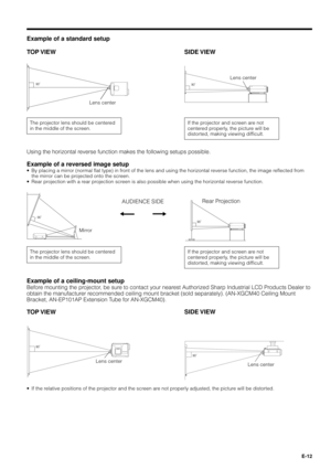 Page 12E-12
Example of a standard setup
TOP VIEW
If the projector and screen are not
centered properly, the picture will be
distorted, making viewing difficult.
tt
90û
90û
Lens center
Lens center
90û
SIDE VIEW
The projector lens should be centered
in the middle of the screen.If the projector and screen are not
centered properly, the picture will be
distorted, making viewing difficult.Lens center
Using the horizontal reverse function makes the following setups possible.
Example of a reversed image setup
¥ By...