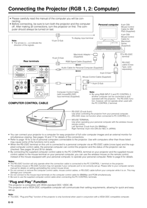 Page 15E-15
Connecting the Projector (RGB 1, 2: Computer)
COMPUTER AUDIO
PC CONTROL COMPUTER RGB
VIDEO
S-VIDEO12
LOFF ON
R LRAUDIOIN
2 IN
1AUDIO
OUTPUT
IN 1
OUTIN 2
WIRED
REMOTE IN 1 IN 2
110-120V/
200-240V~
15-pin D-Sub
RGB Signal Cable (Supplied)
Audio Cable for Personal Computer (Supplied)
Rear terminals
¥ Please carefully read the manual of the computer you will be con-
necting.
¥ Before connecting, be sure to turn both the projector and the computer
off. After making all connections, turn the projector on...