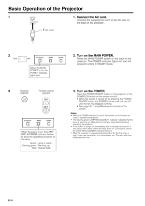Page 21E-21
Basic Operation of the Projector
1 1. Connect the AC cord.
Connect the supplied AC cord to the AC inlet on
the back of the projector .
OFF ON
110-120V/
200-240V~
1 AC cord
2 2. Turn on the MAIN POWER.
Press the MAIN POWER switch on the back of the
projector. The POWER indicator lights red and the
projector enters STANDBY mode.ON OFFPOWER LAMP TEMP.
When the MAIN
POWER is on, the
POWER indicator
lights red.
Projector
ON/OFFRemote control
ON/OFF
ON
OFF
3
POWER LAMP TEMP.
When the power is on, the...
