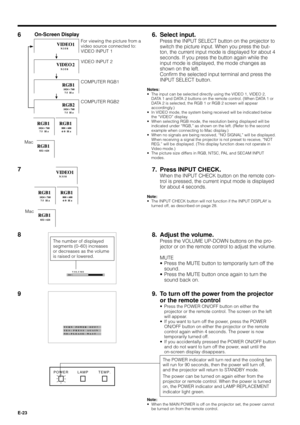 Page 23E-23
6. Select input.
Press the INPUT SELECT button on the projector to
switch the picture input. When you press the but-
ton, the current input mode is displayed for about 4
seconds. If you press the button again while the
input mode is displayed, the mode changes as
shown on the left.
Confirm the selected input terminal and press the
INPUT SELECT button.
Notes:
¥ The input can be selected directly using the VIDEO 1, VIDEO 2,
DATA 1 and DATA 2 buttons on the remote control. (When DATA 1 or
DATA 2 is...