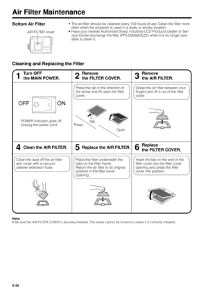 Page 29E-29
Air Filter Maintenance
¥ The air filter should be cleaned every 100 hours of use. Clean the filter more
often when the projector is used in a dusty or smoky location.
¥ Have your nearest Authorized Sharp Industrial LCD Products Dealer or Ser-
vice Center exchange the filter (PFILD0069CEZZ) when it is no longer pos-
sible to clean it.
Cleaning and Replacing the Filter
46
Insert the tab on the end of the
filter cover into the filter cover
opening and press the filter
cover into position. Place the...