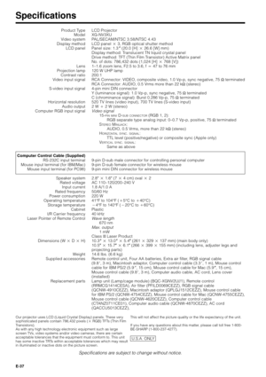 Page 37E-37
Specifications
Product Type
Model
Video system
Display method
LCD panel
Lens
Projection lamp
Contrast ratio
Video input signal
S-video input signal
Horizontal resolution
Audio output
Computer RGB input signal
Computer Control Cable (Supplied)
RS-232C input terminal
Mouse input terminal (for IBM/Mac)
Mouse input terminal (for PC98)
Speaker system
Rated voltage
Input current
Rated frequency
Power consumption
Operating temperature
Storage temperature
Cabinet
I/R Carrier frequency
Laser Pointer of...