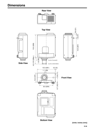 Page 38E-38
10.3 (261) 0.2 (5)
4.0 (101)(Max.)
1.9 (49)
10.5 (267) 1.9 (47)0.8 (21)13.0 (329)
1.1 (29)
2.8 (71) 0.7 (18)
8.0 (204)
5.4 (137)
Dimensions
Side View
(Lens housed)
(Lens extended)
[Units: inches (mm)]
Front View Rear View
Top View
Bottom View 