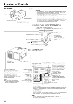 Page 5E-5
Location of Controls
FRONT VIEW
Cautions:
¥ The exhaust vent, the lamp cage cover and adjacent areas may be
extremely hot during projector operation. To prevent injury, do not
touch these areas until they have sufficiently cooled.
¥ Allow at least 4( (10 cm) of space between the cooling fan (exhaust
vent) and the other nearest wall or obstruction.
¥ If the cooling fan becomes obstructed, a protection device will
automatically turn off the projector lamp. This does not indicate a
malfunction. Remove...