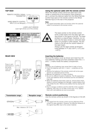 Page 7E-7
Inserting the batteries
Remove the battery cover as shown and insert four AA
size batteries making sure their polarities match the (`)
and (1) marks inside the battery compartment.
Notes:
Incorrect use of batteries may cause them to leak or burst.
¥ Insert the batteries with the (`) and (1) polarities as indi-
cated.
¥ Remove the batteries if the remote control will not be oper-
ated for an extended period of time.
¥ Maintain the batteries in a clean condition.
¥ Do not mix different brands of...