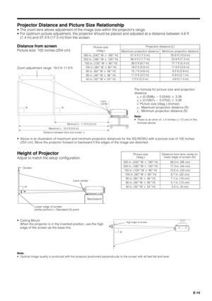 Page 10E-10
Height of Projector
Adjust to match the setup configuration.
Projector Distance and Picture Size Relationship
¥ The zoom lens allows adjustment of the image size within the projectorÕs range.
¥ For optimum picture adjustment, the projector should be placed and adjusted at a distance between 4.6 ft
(1.4Ê m) and 57.4 ft (17.5 m) from the screen.
Maximum projection distance
57.4 ft (17.5 m)
38.4 ft (11.7 m)
28.5 ft (8.7 m)
19.0 ft (5.8 m)
15.1 ft (4.6 m)
11.5 ft (3.5 m)
7.5 ft (2.3 m)Minimum projection...