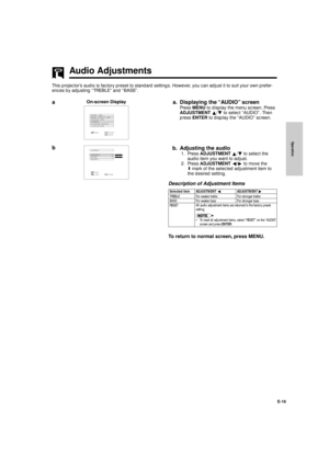 Page 19Operation
E-18
Audio Adjustments
This projectorÕs audio is factory preset to standard settings. However, you can adjust it to suit your own prefer-
ences by adjusting ÒTREBLEÓ and ÒBASSÓ.
On-screen Display
a. Displaying the ÒAUDIOÓ screen
Press MENU to display the menu screen. Press
ADJUSTMENT ¶/Ä to select ÒAUDIOÓ. Then
press ENTER to display the ÒAUDIOÓ screen.
b. Adjusting the audio
1. Press ADJUSTMENT ¶/Ä to select the
audio item you want to adjust.
2. Press ADJUSTMENT §/© to move the
mark of the...