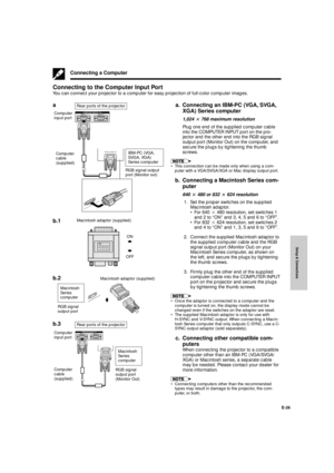 Page 27Setup & Connections
E-26
aa. Connecting an IBM-PC (VGA, SVGA,
XGA) Series computer
1,024 @ 768 maximum resolution
Plug one end of the supplied computer cable
into the COMPUTER INPUT port on the pro-
jector and the other end into the RGB signal
output port (Monitor Out) on the computer, and
secure the plugs by tightening the thumb
screws.
¥ This connection can be made only when using a com-
puter with a VGA/SVGA/XGA or Mac display output port.
b. Connecting a Macintosh Series com-
puter
640 @ 480 or 832 @...