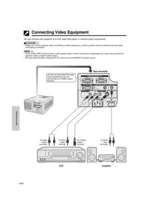 Page 28Setup & Connections
E-27
Connecting Video  Equipment
You can connect your projector to a VCR, laser disk player or external audio components.
CAUTION
¥ Always turn off the projector while connecting to video equipment, in order to protect both the projector and the equip-
ment being connected.
¥ The S-VIDEO INPUT terminal uses a video signal system in which the picture is separated into a color and a luminance
signal to realize a higher-quality image.
¥ By using external audio components, the volume can...