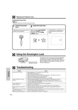 Page 32Maintenance &
Troubleshooting
E-31
Replacing the Projection Lamp
Using the Kensington Lock
This projector has a Kensington Security Standard
connector for use with a Kensington MicroSaver
Security System. Refer to the information that came
with the system for instructions on how to use it to
secure the projector.
1Connect the power
cord.2Reset the lamp timer.
While pressing ADJUSTMENT
Ä, © and ENTER on the
projector, turn on the MAIN
POWER switch.ÒLAMP 0000HÓ is displayed, in-
dicating that the lamp...