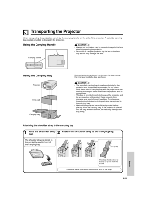 Page 33Appendix
E-32
Transporting the Projector
When transporting the projector, carry it by the carrying handle on the side of the projector. A soft-side carrying
bag is also provided to transport the projector.
Using the Carrying Handle
Using the Carrying BagCAUTION
¥ Always put on the lens cap to prevent damage to the lens
when transporting the projector.
¥ Do not lift or carry the projector by the lens or the lens
cap as this may damage the lens.
 
Before placing the projector into the carrying bag, set up...