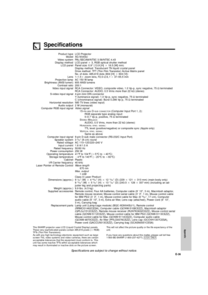 Page 37Appendix
E-36
Specifications
Product type
Model
Video system
Display method
LCD panel
Lens
Projection lamp
Brightness (ANSI lumen)
Contrast ratio
Video input signal
S-video input signal
Horizontal resolution
Audio output
Computer RGB input signal
Computer input signal
Speaker system
Rated voltage
Input current
Rated frequency
Power consumption
Operating temperature
Storage temperature
Cabinet
I/R Carrier frequency
Laser Pointer of Remote Control
Dimensions (approx.)
Weight (approx.)
Supplied accessories...