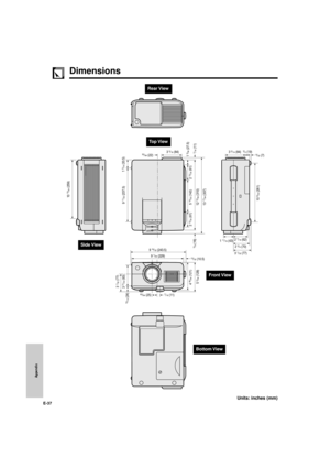 Page 38Appendix
E-37
Dimensions
Rear View
10 9/32 (261)2 
13/32 (61) 5 
19/32 (142) 9 11/32 (237.5)1 
5/16 (33.5)
12 
13/64 (310) 5 
3/64 (128)
5/8 (16)
7/16 (11) 1 
5/64 (27.5)
13 
17/64 (337) 2 
13/32 (61) 4 
49/64 (121) 3 
21/32 (93) 3 1/32 (77)
15/16 (24)
9 19/32 (243.5)
9 
1/64 (229)
63/64 (25)7/16 (11)
13/32 (10.5)1 
11/16 (43)2 7/16 (62)
2 
3/4 (70)
3 
1/32 (77)
3 5/16 (84) 3 5/16 (84)55/64 (22)
3/4 (19)9/32 (7)
10 13/64 (259)
Front View
Side View
Top View
Units: inches (mm)
Bottom View
XG-NV4SU...