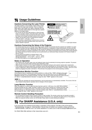 Page 5E-4
Important
InformationCautions Concerning the Laser Pointer
The laser pointer on the remote control emits a laser
beam from the laser light window. This is a Class II
laser which may impair your sight if directed into the
eyes. The three marks shown on the right are caution
labels for the laser beam.
¥ Do not look into the laser light window or shine the laser
beam on yourself or others. (The laser beam used in this
product is harmless when directed onto the skin. However,
be careful not to project...