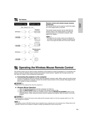 Page 9E-8
Important
InformationTransmission rangeReception rangeRemote control and remote mouse receiver
positioning
The remote control can be used to control the projec-
tor in the ranges shown on the left.
The remote mouse receiver can be used with the
remote control in the ranges shown to control the
mouse functions of a connected computer. (See
page 25 for details.)
¥ The signal from the remote control can be reflected off
the screen for easy operation. However, the effective dis-
tance of the signal may...