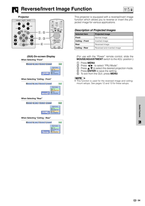 Page 3734
Useful Features
Reverse/Invert Image Function
This projector is equipped with a reverse/invert image
function which allows you to reverse or invert the pro-
jected image for various applications.
Description of Projected Images
(GUI) On-screen Display
Selected item
Front
CeilingFront
Rear
CeilingRearProjected image
Normal image
Inverted image
Reversed image
Reversed and inverted image
(For use with the “Power” remote control, slide the
MOUSE/ADJUSTMENT switch to the ADJ. position.)
1Press MENU....