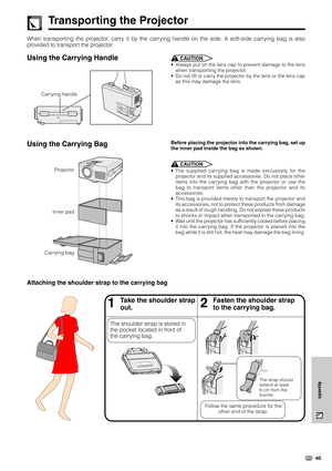 Page 4340
Appendix
Transporting the Projector
When transporting the projector, carry it by the carrying handle on the side. A soft-side carrying bag is also
provided to transport the projector.
Using the Carrying Handle
Using the Carrying BagCAUTION
•Always put on the lens cap to prevent damage to the lens
when transporting the projector.
•Do not lift or carry the projector by the lens or the lens cap
as this may damage the lens.
Before placing the projector into the carrying bag, set up
the inner pad inside...