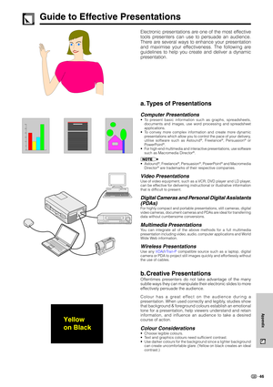 Page 4946
Appendix
Guide to Effective Presentations
Electronic presentations are one of the most effective
tools presenters can use to persuade an audience.
There are several ways to enhance your presentation
and maximise your effectiveness. The following are
guidelines to help you create and deliver a dynamic
presentation.
a. Types of Presentations
Computer Presentations•To present basic information such as graphs, spreadsheets,
documents and images, use word processing and spreadsheet
applications.
•To convey...