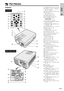 Page 118
Important
InformationProjector
Front View
1POWER indicator [pp. 18, 19, 38]
2POWER buttons (ON/OFF)
[pp. 18, 19, 38]
3BLACK SCREEN button [p. 30]
4INPUT button
[pp. 19, 22, 26, 29]
5FREEZE button [p. 33]
6KEYSTONE button [p. 14]
7ADJUSTMENT buttons
(∂/ƒ/ ß/©)
[pp. 14, 20, 21, 23–36]
8LAMP REPLACEMENT indicator
[pp. 18, 19, 38]
9TEMPERATURE WARNING indi-
cator [pp. 4, 38]
0VOLUME buttons (/) [p. 19]
qMUTE button [p. 19]
wMENU button
[pp. 20, 23–28, 30–34, 36]
eIrCOM button [p. 22]
rAUTO SYNC button...