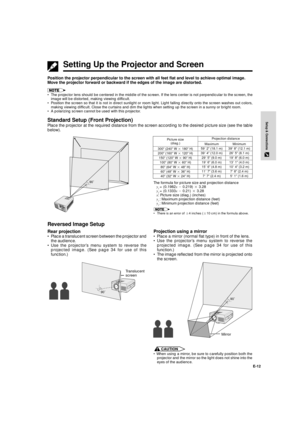 Page 13E-12
Setup & Connections
Setting Up the Projector and Screen
The formula for picture size and projection distance
y
1 = (0.1982x10.219) 2 3.28
y
2 = (0.1333x10.21) 2 3.28
x: Picture size (diag.) (inches)
y
1: Maximum projection distance (feet)
y
2: Minimum projection distance (feet)
¥ There is an error of 54 inches (510 cm) in the formula above.
Position the projector perpendicular to the screen with all feet flat and level to achieve optimal image.
Move the projector forward or backward if the edges of...