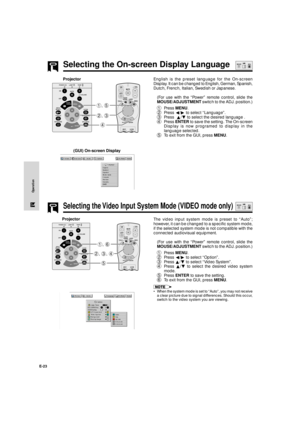 Page 24E-23
Operation
Selecting the On-screen Display Language
English is the preset language for the On-screen
Display. It can be changed to English, German, Spanish,
Dutch, French, Italian, Swedish or Japanese.
(For use with the ÒPowerÓ remote control, slide the
MOUSE/ADJUSTMENT switch to the ADJ. position.)
1Press MENU.
2Press §/© to select ÒLanguageÓ.
3Press  ¶/Ä to select the desired language .
4Press ENTER to save the setting. The On-screen
Display is now programed to display in the
language selected.
5To...