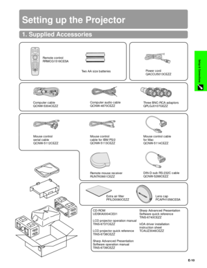 Page 11E-10
Setup & Connections
Setting up the Projector
Power cord
QACCU5013CEZZ
Computer cable
QCNW-5304CEZZ
Three BNC-RCA adaptors
QPLGJ0107GEZZ
Mouse control cable
for Mac
QCNW-5114CEZZ
Computer audio cable
QCNW-4870CEZZ
Mouse control
cable for IBM PS/2
QCNW-5113CEZZ
Remote control
RRMCG1518CESA
Two AA size batteries
Mouse control
serial cable
QCNW-5112CEZZ
DIN-D-sub RS-232C cable
QCNW-5288CEZZ Remote mouse receiver
RUNTK0661CEZZ
CD-ROM
UDSKA0004CE01
LCD projector operation manual
TINS-6737CEZZ
LCD...