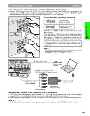 Page 13E-12
Setup & Connections
2. Connecting the Projector Continued
¥ This projector uses a 5 BNC computer input to prevent a deterioration of image quality.
¥ Connect the R (P
R), G/G sync (Y), B (PB), HD (C sync) and VD cables to the correct input terminals on the
projector and an RGB switcher (sold separately) connected to the computer, or connect a 5 BNC-VGA cable
(sold separately) directly from the input terminals on the projector to the computer.
Connecting other compatible computers
Computer audio...