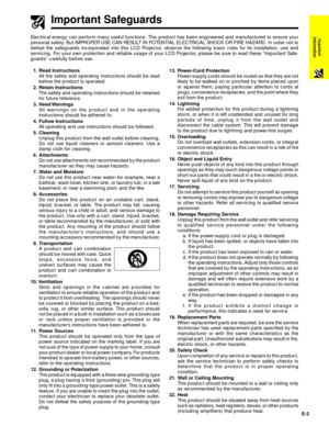 Page 3E-2
Important
Information
Important Safeguards
Electrical energy can perform many useful functions. This product has been engineered and manufactured to ensure your
personal safety. But IMPROPER USE CAN RESULT IN POTENTIAL ELECTRICAL SHOCK OR FIRE HAZARD. In order not to
defeat the safeguards incorporated into this LCD Projector, observe the following basic rules for its installation, use and
servicing. For your own protection and reliable usage of your LCD Projector, please be sure to read these...