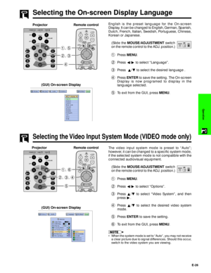 Page 27E-26
Operation
Selecting the On-screen Display Language
4 2, 3 1, 5
Projector
(GUI) On-screen Display
English is the preset language for the On-screen
Display. It can be changed to English, German, Spanish,
Dutch, French, Italian, Swedish, Portuguese, Chinese,
Korean or Japanese.
(Slide the MOUSE/ADJUSTMENT switch
on the remote control to the ADJ. position.)
1Press MENU.
2Press §/© to select ÒLanguageÓ.
3Press  ¶/Ä to select the desired language .
4Press ENTER to save the setting. The On-screen
Display...