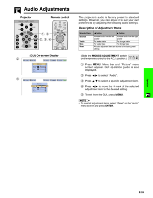 Page 29E-28
Operation
This projectorÕs audio is factory preset to standard
settings. However, you can adjust it to suit your own
preferences by adjusting the following audio settings.
(Slide the MOUSE/ADJUSTMENT switch
on the remote control to the ADJ. position.)
1Press MENU. Menu bar and ÒPictureÓ menu
screen appear. GUI operation guide is also
displayed.
2Press §/© to select ÒAudioÓ.
3Press ¶/Ä to select a specific adjustment item.
4Press §/© to move the 
mark of the selected
adjustment item to the desired...