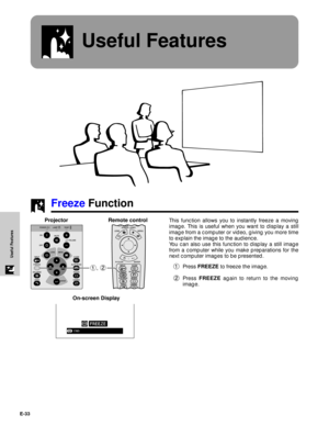 Page 34E-33
Useful Features
Useful Features
Freeze Function
This function allows you to instantly freeze a moving
image. This is useful when you want to display a still
image from a computer or video, giving you more time
to explain the image to the audience.
You can also use this function to display a still image
from a computer while you make preparations for the
next computer images to be presented.
1Press FREEZE to freeze the image.
2Press FREEZE again to return to the moving
image. Projector
1, 2
On-screen...