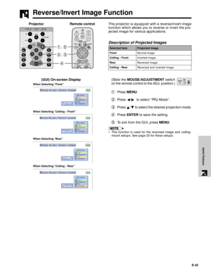 Page 43E-42
Useful Features
Reverse/Invert Image Function
This projector is equipped with a reverse/invert image
function which allows you to reverse or invert the pro-
jected image for various applications.
Description of Projected Images
(GUI) On-screen Display
Selected item
Front
Ceiling`Front
Rear
Ceiling`RearProjected image
Normal image
Inverted image
Reversed image
Reversed and inverted image
(Slide the MOUSE/ADJUSTMENT switch
on the remote control to the ADJ. position.)
1Press MENU.
2Press §/©  to select...