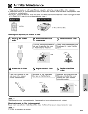 Page 47E-46
Maintenance &
Troubleshooting
Air Filter Maintenance
¥ This projector is equipped with two air filters to ensure the optimal operating condition of the projector.
¥ The air filters should be cleaned every 100 hours of use. Clean the filters more often when the projector is used
in a dusty or smoky location.
¥ Have your nearest Authorized Sharp Industrial LCD Products Dealer or Service Center exchange the filter
(PFILD0080CEZZ) when it is no longer possible to clean it.
46Clean the air...