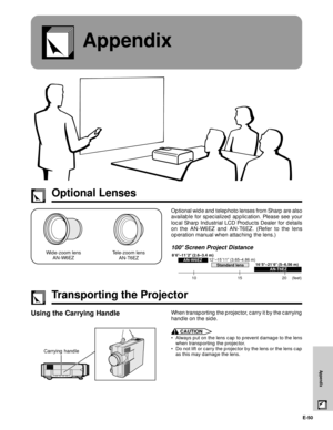 Page 51E-50
Appendix
Appendix
Optional wide and telephoto lenses from Sharp are also
available for specialized application. Please see your
local Sharp Industrial LCD Products Dealer for details
on the AN-W6EZ and AN-T6EZ. (Refer to the lens
operation manual when attaching the lens.)
100( Screen Project Distance
Optional Lenses
Tele-zoom lens
AN-T6EZ
Using the Carrying Handle
CAUTION
¥ Always put on the lens cap to prevent damage to the lens
when transporting the projector.
¥ Do not lift or carry the projector...