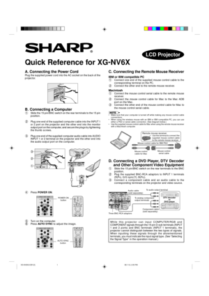Page 1Quick Reference for XG-
NV6X
A. Connecting the Power Cord
Plug the supplied power cord into the AC socket on the back of the
projector.
B. Connecting a Computer
1Slide the 15 pin/BNC switch on the rear terminals to the 15 pin
position.
2Plug one end of the supplied computer cable into the INPUT 1
or 2 port on the projector and the other end into the monitor
output port on the computer, and secure the plugs by tightening
the thumb screws.
3Plug one end of the supplied computer audio cable into AUDIO
INPUT...