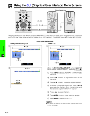 Page 24E-23
Operation
Using the GUI (Graphical User Interface) Menu Screens
This projector has two sets of menu screens (INPUT/VIDEO) that allow you to adjust the image and various projector
settings. These menu screens can be operated from the projector or the remote control with the following buttons.
(GUI) On-screen Display
1
INPUT (COMPUTER/RGB) mode
1
VIDEO mode
4(Slide the MOUSE/ADJUSTMENT switch
on the remote control to the ADJ. position.)
1Press MENU to display the INPUT or VIDEO mode
menu bar.
2Press...